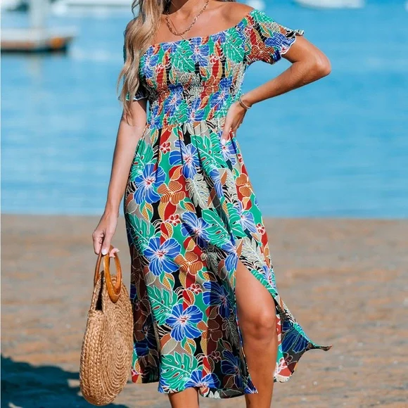 Cupshe Blue and Pink Smocked Off-Shoulder Sundress - Picture 3 of 4